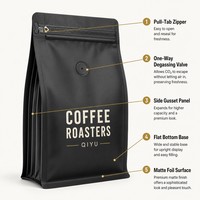 Sachet d'emballage de café noir mat personnalisé à fond plat, pochette verticale avec valve unidirectionnelle et fermeture éclair à languette pour grains de café
