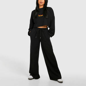 Winter Solid 100% <b>Cotton</b> Women's Tracksuit Custom Printed Logo Oversized Crop Top Hoodie Flared Trouser Twin Set - Product Image 1