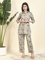 Ensemble haut et pantalon palazzo d'été pour femme en coton tricoté de qualité supérieure, à motif floral, col mandarin, manches trois quarts, haut court et pantalon fendu au genou |