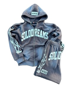 Customized Logo Acid Wash 100% Cotton French Terry Breathable Winter Men's Zipper Hoodies Shorts 2-Piece Sweatsuit <b>Set</b> High - Product Image 4