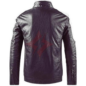 Veste en cuir unisexe respirante à fermeture éclair intégrale, design à blocs de couleur, marron, blanc et rouge, style moderne de motard, col montant - Product Image 2