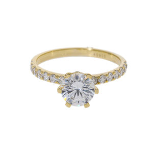 Bague de fiançailles classique à six griffes en or 14 carats 1.38CTW diamant véritable taille ronde avec accents pavés - Product Image 1