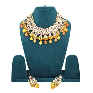 Conjunto de Collar Kundan Vintage Chapado en Oro Naranja y Amarillo, Joyería Fina para Novia a Base de Cobre con Piedra Monalisa para Bodas - Product Image 2