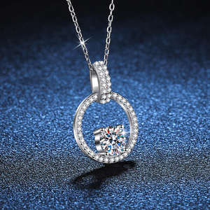 0.50CT VVS Moissanite Open Circle Pave Halo Design Pendant Micro Set Link <b>Chain</b> Necklace Women's 925 Sterling Silver Jewellery - Product Image 4