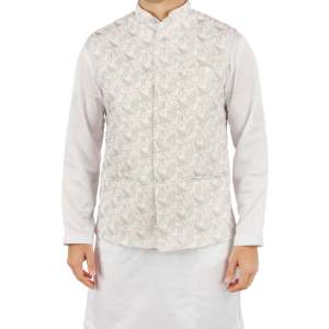 Ensemble de cérémonie indien traditionnel TRILOKI Ikkat 3-en-1 haut de gamme en coton 100% lavable, comprenant Kurta, Pyjama et Gilet à manches longues - Product Image 6