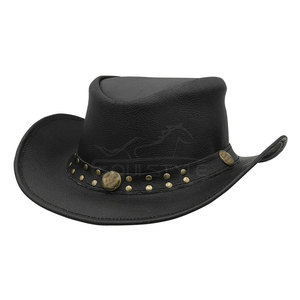 Sombrero de Vaquero de Cuero Negro con Ala Ancha Curvada, con Conchos Dorados y Tachuelas de Níquel, Proveedor OEM de Fábrica, Sombreros Vaqueros al por Mayor - Product Image 1