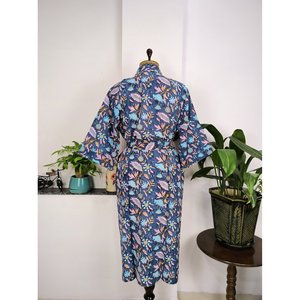 Bata de Casa Boho Estampada a Mano, Kimono de Algodón Puro Indio, Manta de Playa Rosa, Azul, Amarillo, Hoja, para Mamá y - Product Image 5
