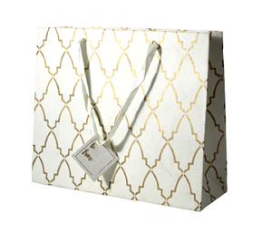 Precioso papel hecho a mano de algodón reciclado Premium con estampado dorado metálico alrededor de la bolsa de asas de cinta de satén a juego - Product Image 3