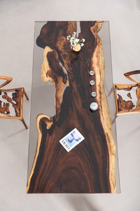 Tavolo da Pranzo Moderno in Resina Epossidica Grigia Trasparente con Lastra in Legno di Noce Sudamericano, Lussuoso Piano in Legno Massello con Bordo Dritto 243cm - Product Image 3