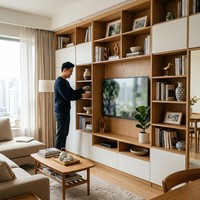Meuble TV mural moderne et minimaliste, centre de divertissement modulaire personnalisé, grande capacité, bois massif écologique, salon
