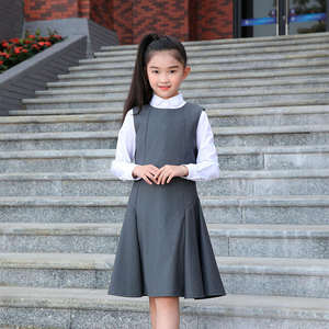 Uniforme Escolar Personalizado de una Pieza para Niñas, Vestido Tipo Pinafore con Bolsillos, Tela Oxford de Poliéster/Algodón para Primaria - Product Image 1