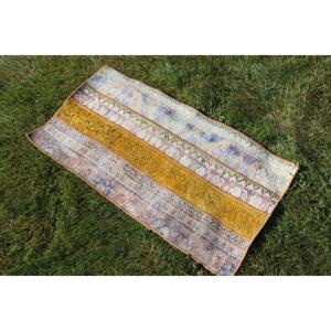 Vintage Rug, 1.7x3.2 ft Turkish Rug, Blue <b>Yellow</b> Abstract <b>Wool</b> Rug - Product Image 2