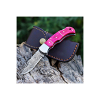 Couteau pliant à lame coulissante en acier Damas forgé à la main, lame droite, étui en cuir, qualité industrielle OEM, garantie de 3 ans