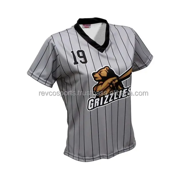 Camisetas de béisbol de calidad superior para mujer, camisetas de softball a rayas en blanco gris plateado, camisetas de béisbol ajustadas con cuello en V de manga corta