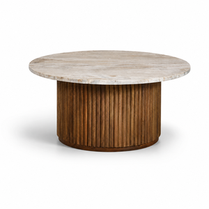 Table basse en bois de manguier massif AKKU ART EXPORTS SORA avec plateau en marbre |   Meubles de salon au design Japandi moderne |   Base côtelée - Product Image 1