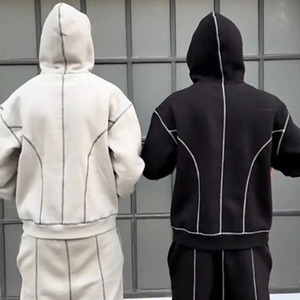 Baggy jogging personnalisé pour hommes Dtg impression passepoil survêtement Y2K rue rétro lettre impression à capuche pantalon de survêtement ensemble deux pièces - Product Image 4