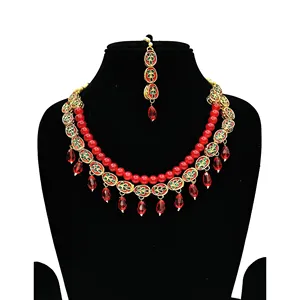 Ensemble de bijoux Kundan en perles rouges, plaqué or vintage, avec diamants, pour femmes, pour mariage, fête ou cadeau - Product Image 3