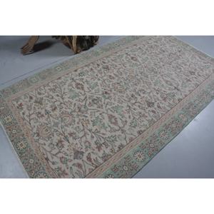 Alfombra de lana turca Vintage clásica Beige verde 4ft9in X 8ft8in diseño Aubusson grande Patchwork para sala de estar con respaldo de látex - Product Image 2