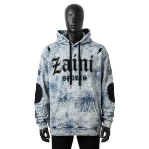 เสื้อฮู้ดดี้ผ้าฟลีซคอตตอนพรีเมียม ล้างสีแบบแอซิดวอช สีน้ำเงินหิมะ-ดำ  แผ่นข้อศอกปักด้วยไหมเชนิลล์  ปักโลโก้ตามสั่ง  เสื้อฮู้ดดี้พื้นฐานแบบล้างสีแบบแอซิดวอช - Product Image 1