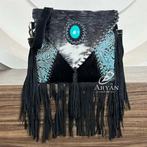 Real Handmade Genuine Cowhide Leather Fringe Handbag Western Carved Leather Bohemian Hair on Hide Crossbody Purses for Women - Product Image 1
