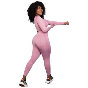 <b>Women</b> Seamless <b>Long</b> <b>Sleeve</b> Crop <b>Top</b> And High Waist Leggings <b>Gym</b> Workout Fitness Activewear Set - Product Image 3