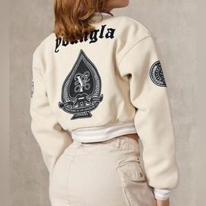 High Quality Women's Varsity Jacket White Leather Sleeves Wool Cashmere Breathable Cotton Filling Custom Design Cropped Jacket - Product Image 2