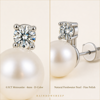 Boucles d'oreilles clous en moissanite 0,5 ct couleur D VVS1 3EX, perle naturelle, collection de perles classiques et élégantes en argent S925, bijoux en gros
