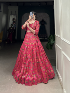 Designer Silk Floral Print <b>Wedding</b> Lehenga - Product Image 5