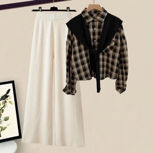 Spring Autumn Women's Three Piece Pants Loose Blouse Shirt+<b>Sweater</b>+High Waist Wide Leg Pants Vintage Casual Three Piece Set - Product Image 4