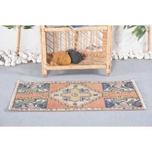 Orange bleu Boho Vintage tapis turc 1.4 X 2.7ft grande surface Rectangle couloir motif laine jonc de mer Latex pour chambre d'adolescent - Product Image 1