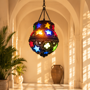 Farida Hookahs Handmade Moroccan Hanging Lantern Gold Brass/Grey Finish Colorful <b>Star</b> Glass Arabic Decorative Pendant <b>Light</b> IP - Product Image 3