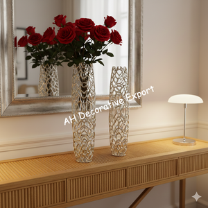 แจกันทรงเรขาคณิตโลหะสีเงินลายดอกไม้สีชมพูหรูหราทันสมัยสำหรับตกแต่งงานแต่งงาน ห้องนั่งเล่น และสำนักงาน - Product Image 2