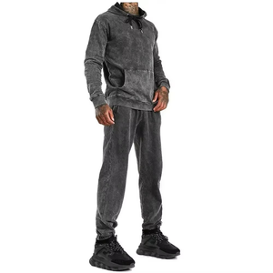 Ensemble de survêtements délavés à l'acide pour hommes, pulls à capuche vintage, joggers fuselés, streetwear gris foncé, vêtements de mode - Product Image 5