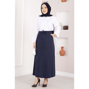 Navy Blue Satin <b>Skirt</b> with <b>Elastic</b> Waist Comfortable Breathable Spandex Digital Print Ruffles and Pocket Detail for Work - Product Image 3