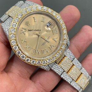 Montre Hip Hop de Luxe Antique en Acier Inoxydable Bicolore Moissanite Iced Out Or Argent Bracelet 20mm Verre Cadran Romain Brillance VVS - Product Image 3