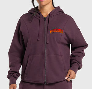 Haute qualité 100% coton polaire fermeture éclair vêtements de sport surdimensionné goutte épaule à capuche et sweat avant Kangroo poche sweats à capuche femmes - Product Image 1