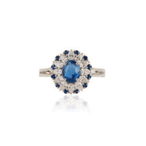 Bague classique pour femme en or massif 14 carats avec saphir en grappe, diamant taille brillant en forme de poire, motif floral, sertissage à griffes en or poli - Product Image 2