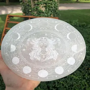 Natural Selenite charging plate with Triple Goddess Engraved plates for reiki healing wholesale selenite charging plate for sale