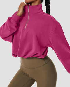 Women's 100% Cotton Athletic Crop Sweatshirt High Neck Long Sleeve Drop-shoulder Hoodie <b>Front</b> Half <b>Zip</b> Cropped <b>Tops</b> for Winter - Product Image 3