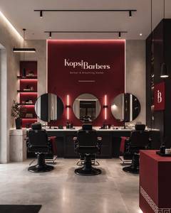 Silla de Salón Moderna de Madera Roja Ajustable con Espejo Arqueado para Barberías y Salones de Belleza - Product Image 4