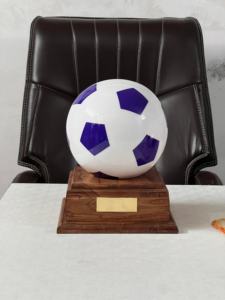 High Quality Adult Cremation <b>Urn</b> Red Football <b>Urn</b> with Best Quality with Wooden Stand Brass Name Plate for Funerals From India - Product Image 3