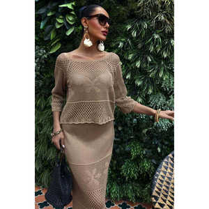 Conjunto de Punto Calado Estilo Bohemio 10093 con Mangas Tres Cuartos y Cuello Barco, Top Corto para Primavera/Verano - Product Image 4