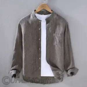 Chemise à manches longues en pur coton pour hommes automne col montant tenue décontracté mâle couleur unie boutonnée chemises habillées au prix de gros - Product Image 1