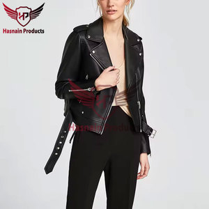 Chaqueta de cuero genuino negro para mujer, estilo motero, con cremallera asimétrica, cintura con cinturón, abrigo de piel de oveja, solapa, bolsillos con cremallera, ajuste personalizado, estilo exterior. - Product Image 5