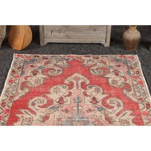 Vintage Eco-Friendly <b>Wool</b> Turkish Rug 4.3x7.3 ft (132x224 Cm) <b>Red</b> Patchwork with Latex Backing - Product Image 2