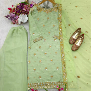 Dernier Designer Fab Zone Semi-Cousu Sharara Costume Faux Georgette Broderie Séquence Travail Fait Soie Dupattas pour la Fête - Product Image 1