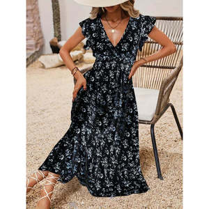 Robe à manches courtes pour femmes, col enroulé, taille élastiquée, motif floral, 36512 - Noir - Product Image 1