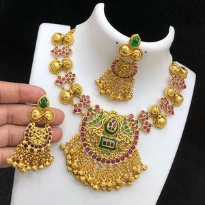 Designer Antique Polish Premium Quality Brass Metal Stone <b>Necklace</b> Set <b>Earrings</b> for Women Gold Plated Jewelry for Wedding - Product Image 1