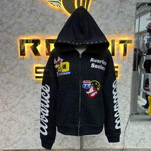 Premium Quality Trending Zipper Hoodie <b>Rhinestone</b> Zip up <b>Jacket</b> Acid Wash Vintage Washed Men Fleece Streetwear Hoodie - Product Image 3