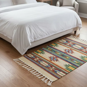 Tissu en coton tissé à la main beige, motif floral moderne, lavable en machine, écologique, multicolore, avec envers réversible, pour la vente en gros - Product Image 3